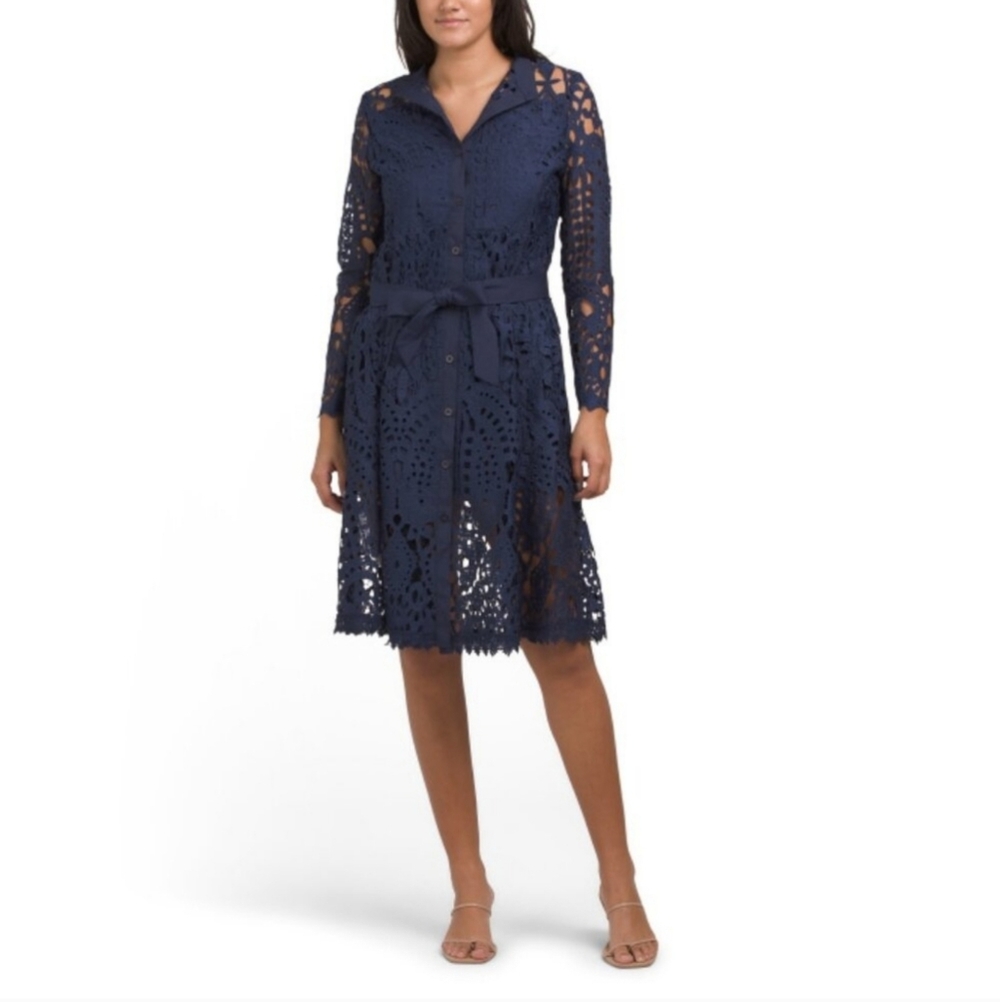 NWT Dalia Mac Phee Navy Blue Lace Long Sleeve Belted Dress Size M